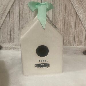 Rae Dunn Nest Ceramic Birdhouse with Mint Green Ribbon